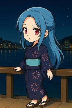 夜の港で花火を待つ浴衣姿の女の子のイラスト
