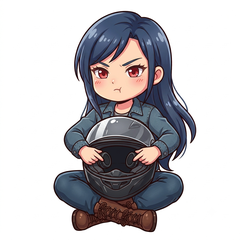 ヘルメットを膝に置いて薄型スピーカーを取り付ける女の子のイラスト