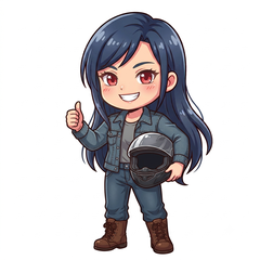 ヘルメットを抱えて出発するバイク乗りの女の子のイラスト