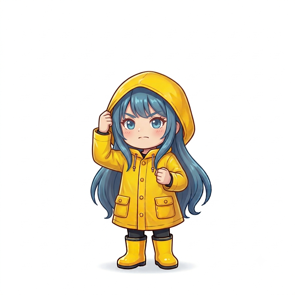 覚悟を決めてレインコートのフードをかぶり直す女の子のイラスト