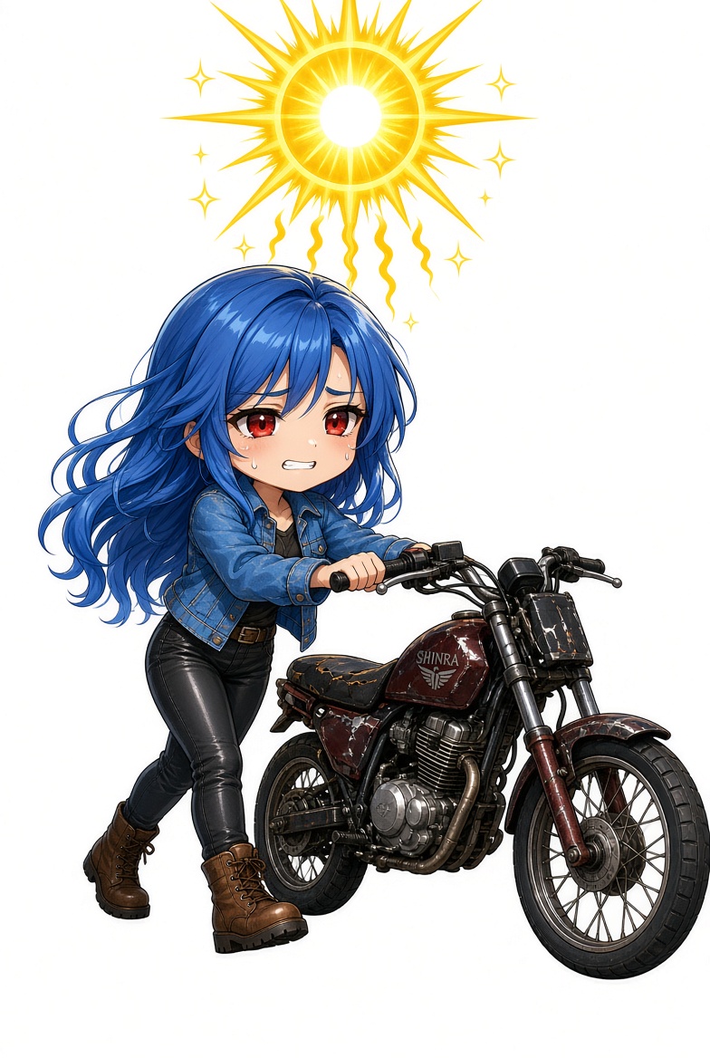 炎天下にパンクしたバイクを押して歩く女の子のイラスト
