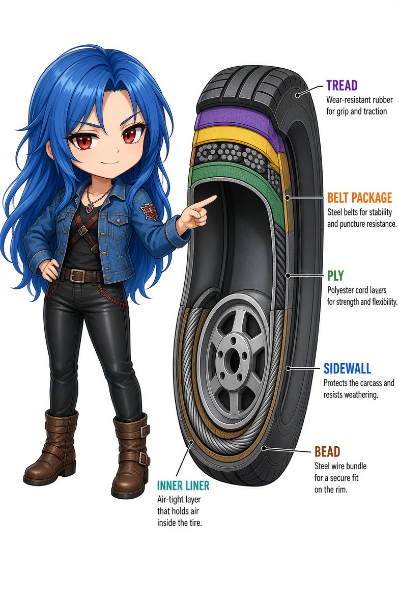 ハンターカブのタイヤの構造を説明する女の子のイラスト