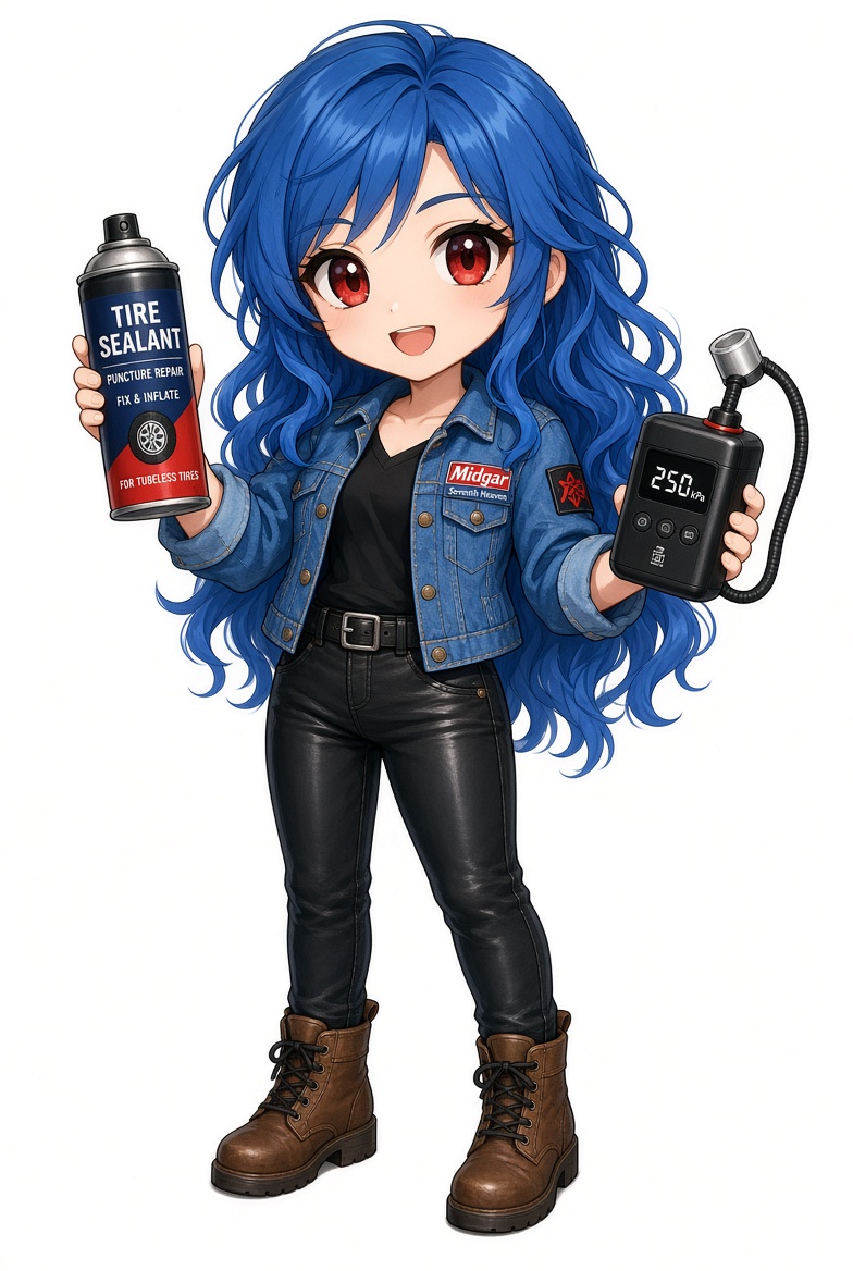 パンク修理に使うシーラントと空気入れを紹介する女の子のイラスト