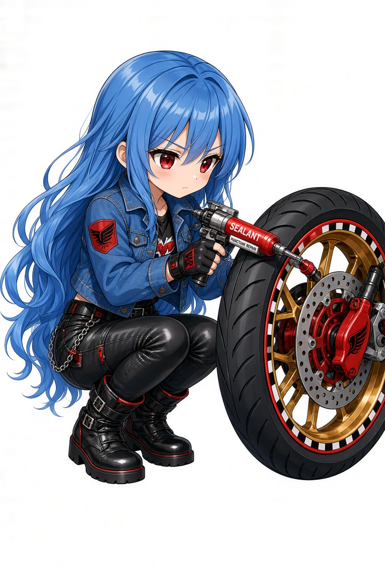 タイヤにシーラントを注入して応急処置する女の子のイラスト