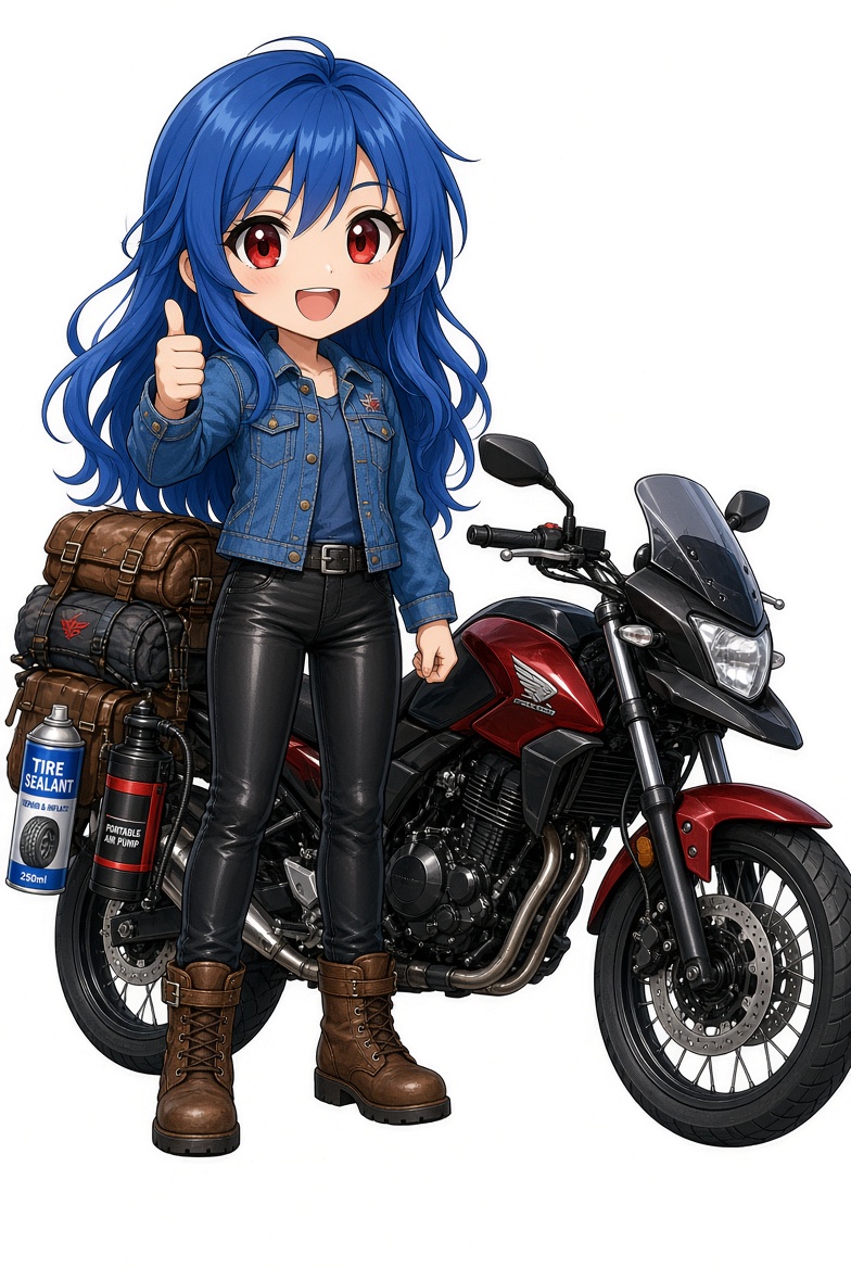 パンク対策をして安心してツーリングに出るバイク女子のイラスト