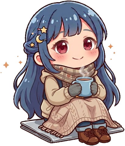 アルミの座布団に座りブランケットをかけて温かい飲み物を持ついるペンのキャラクター