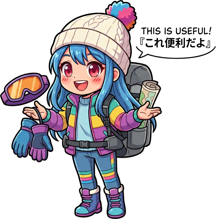 リュックと便利グッズを見せるいるペンのイラスト