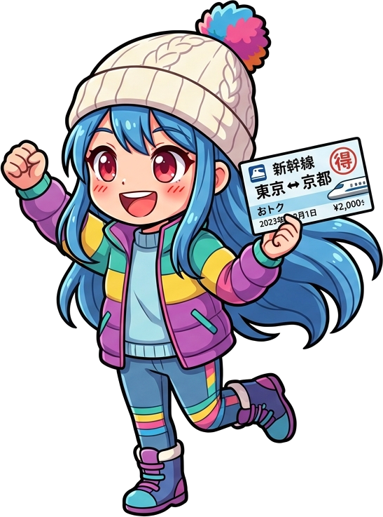 新幹線のお得なチケットを持って喜ぶいるペンのイラスト