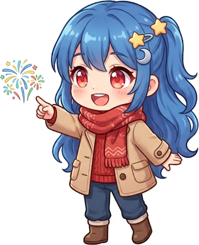 冬服で花火を指さして目を輝かせるいるペン