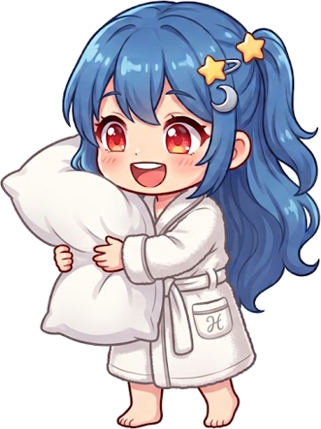 バスローブ姿で枕を抱えてうれしそうないるペン
